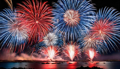 Fireworks exploding over a river in red, white, and blue bursts for 4th of July celebration