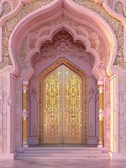 A pink and gold building with a large door, standing out prominently in the urban landscape