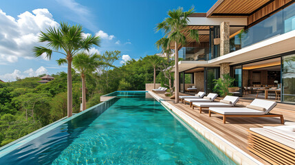 Poster - A large pool with a beautiful view of the ocean. The pool is surrounded by trees and has a patio area with lounge chairs