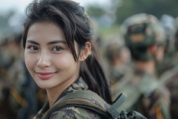 Wall Mural - Malay woman army soldier smiling in Universal Camouflage Uniform