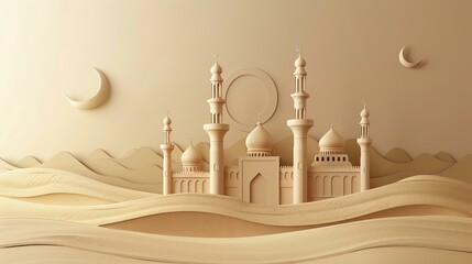 Elegant 3D mosque silhouette on beige, Ramadan Kareem greeting