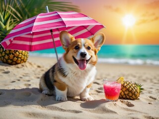 Wall Mural - Happy cute domestic corgi dog on the sand on a tropical beach near the sea ocean, on vacation, tourism concept.