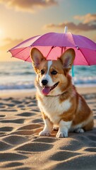 Wall Mural - Happy cute domestic corgi dog on the sand on a tropical beach near the sea ocean, on vacation, tourism concept.