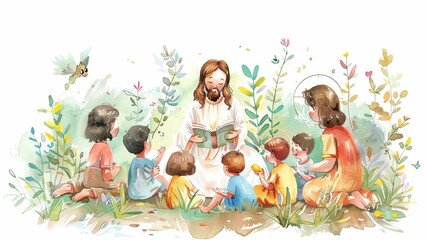 a cute watercolor representation of jesus teaching children surrounded by nature