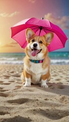 Wall Mural - Happy cute domestic corgi dog on the sand on a tropical beach near the sea ocean, on vacation, tourism concept.