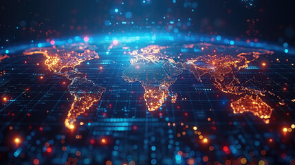 Digital world globe centered on Europe, concept of global network and connectivity on Earth, data transfer and cyber technology, information exchange and international telecommunication.