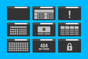 Fototapete - Web browser window, pages layout with toolbar and search field. Modern website, internet page in flat style. Browser mockup for computer, tablet and smartphone. Adaptive UI. Vector illustration
