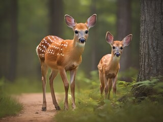 Wall Mural - White tailed deer fawn witj hind on natural trail in n