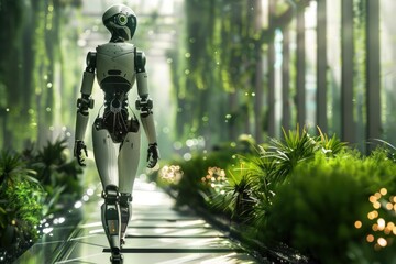 Aufkleber - Sleek humanoid robot striding confidently through serene futuristic garden, contrasting advanced technology and natural beauty.