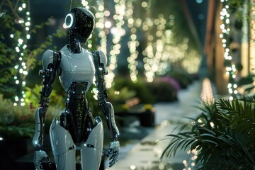 Aufkleber - Futuristic robot walking in a serene garden, contrasting advanced technology with natural beauty.