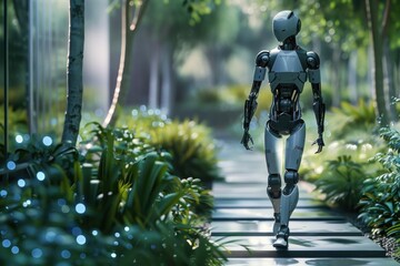 Aufkleber - Futuristic Garden Robot - Hyperrealistic illustration of a sleek, humanoid robot striding through a serene futuristic garden, contrasting advanced technology with natural beauty.
