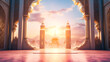 Ramadhan eid mubarak bakcground mosque praying hall with spiral pillars of stones and roof tiling illuminated with sunlight. 