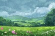 A captivating wallpaper illustration portraying the serenity of a rainy day in the countryside, with lush green fields, blooming flowers, and gentle rain falling from the sky, Generative AI