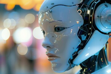 Aufkleber - Futuristic humanoid robot head with intricate features on display against illuminated bokeh lights. Technology and artificial intelligence.