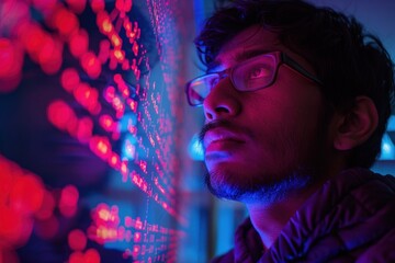Poster - South Asian programmer in dimly lit room, focused on holographic display of complex code, in cyberpunk aesthetic.