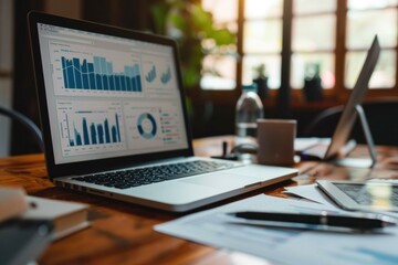 Poster - Professional modern office setting with open laptop displaying colorful graphs and analysis data. Business strategy and analytics.