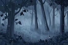 A Moody Wallpaper Illustration Featuring A Rainy Day In The Forest, With Mist Swirling Among The Trees And The Sound Of Raindrops Tapping On Leaves, Creating A Sense Of Mystery, Generative AI