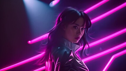 Poster - Woman in Futuristic Suit Amid Neon Lights Generative AI