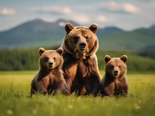 Wall Mural - Brown bear ursus arctos mother with two cubs on green