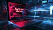 © New Robot - System hacked warning alert on a notebook, illustrating the urgency of cyber security in the face of attacks like viruses, spyware, and malware