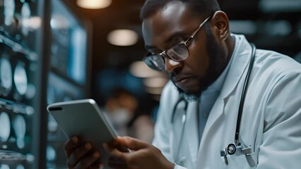 Wall Mural - A doctor is looking at a tablet with a picture of a brain on it. He is wearing a white lab coat and glasses