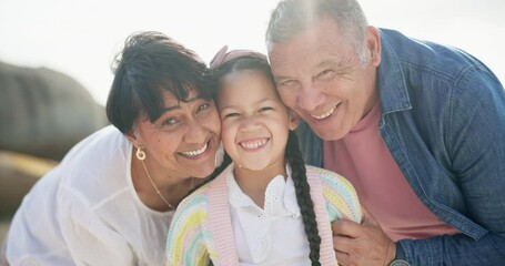 Poster - Child, grandparents and face on beach for family connection with kiss for holiday vacation, summer or retirement. Girl, old couple and smile together in Florida for relax bonding, traveling or trip