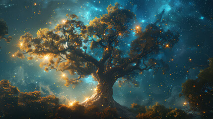 Wall Mural - huge trees of life blend with galaxies with stars