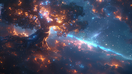 Wall Mural - huge trees of life blend with galaxies with stars