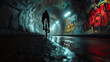 A cyclist riding through a graffiti-covered tunnel