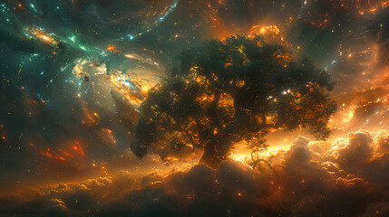Wall Mural - huge trees of life blend with galaxies with stars