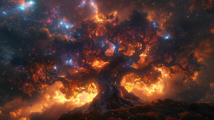 Wall Mural - huge trees of life blend with galaxies with stars