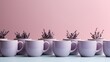 A set of artisanal tea cups arranged on a clean white mockup, against a soft lavender background, creating a serene and elegant tea-drinking atmosphere.