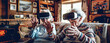 Two grandmothers interact with VR virtual reality glasses in their home. Digital graphics enhance the real-world atmosphere of a traditional living room. Elderly people and future technology.