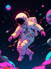 Wall Mural - astronaut floating in space illustration in colorful neon style