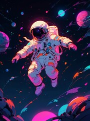 Wall Mural - astronaut floating in space illustration in colorful neon style