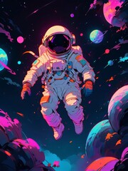 Wall Mural - astronaut floating in space illustration in colorful neon style