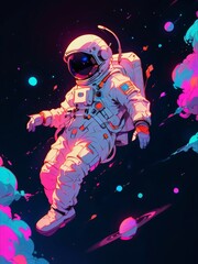 Wall Mural - astronaut floating in space illustration in colorful neon style