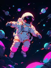 Wall Mural - astronaut floating in space illustration in colorful neon style