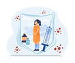 Girl in safety shield protecting her from measles. Vector illustration, Vaccine ampoules and syringe. Vaccinating children against measles concept
