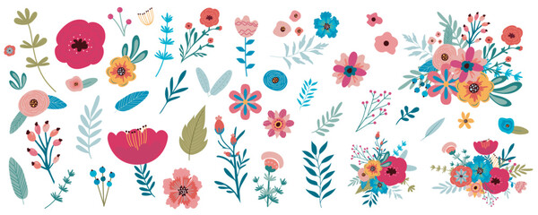 Leinwandbilder - Flowers mega set in flat graphic design. Bundle elements of abstract different blooming wildflowers and spring blossoms, bouquet arrangements, herbs and plants. Vector illustration isolated objects
