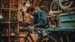 Young man mechanic working in a bicycle shop.