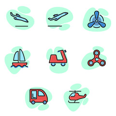 Wall Mural - Different modes of transportation line icon set. Car, boat, airplane, golf cart, mini van, helicopter. Can be used for topics like service, transportation, travel.