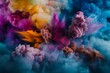 An HD photograph capturing the vibrant chaos of a colored powder explosion, the intense hues suspended in mid-air, creating a mesmerizing dance of color and texture. 
