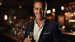 © AstraNova - Handsome mature man in suit holding glass of champagne and smiling while standing at bar