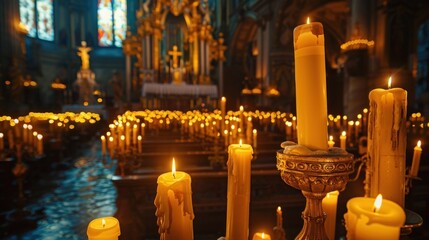 Wall Mural - Grand cathedral illuminated by candlelight and ornate altar - Warm and reverent atmosphere evoking spiritual devotion.