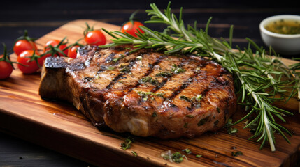 close-up of grilled pork chop steak served with green herbs on wooden table