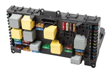 Poster - Metallic car engine control unit with plastic elements soaring on a white isolated background is connecting center of various subsystems, units and assemblies. Spare part.