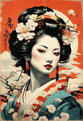 Wall Mural - Woman Geisha portrait art in national cloth illustration, Japanese painting style. Poster