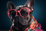 Fototapeta Londyn - Attractive looking French bulldog dog in a modern fashionable outfit: jacket, tie and glasses. Wide banner with space for text. Elegant animal posing as a supermodel