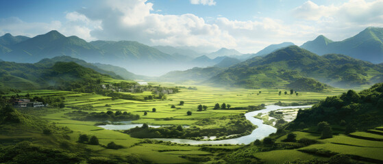 landscape in the countryside wide expanse of lush green grassland meadow with clear sky, clouds, riv